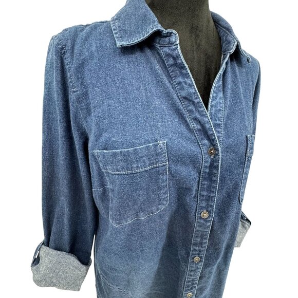 Denim Dresses & Skirts - J Jill Denim Shirt Dress M Full Button Womens Collared Chest Pockets Roll Tab